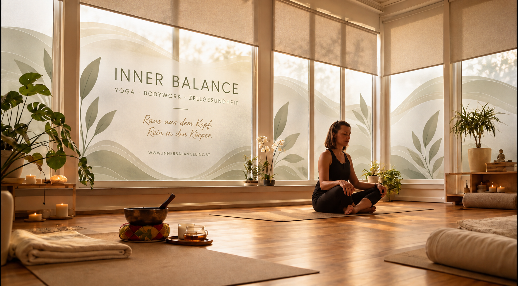 Vicky im hellen INNER BALANCE Studio mit Pflanzen, Yogamatten und Klangschalen